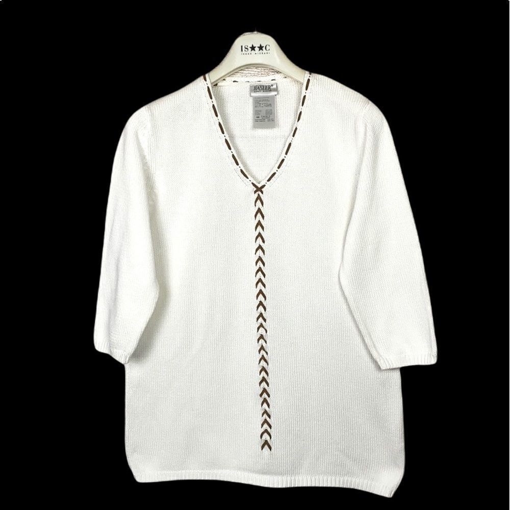 NWOT BASLER Cotton V-neck Suede Trim Sweater Top